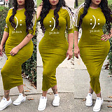 Striped Print 3/4 Sleeve Skinny Maxi T Shirt Dress YS-8855