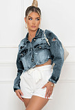 Frayed Ripped Hole Denim Bombers Jacket LX-3526