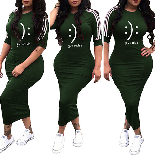 Striped Print 3/4 Sleeve Skinny Maxi T Shirt Dress YS-8855