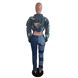 Frayed Ripped Hole Denim Bombers Jacket LX-3526