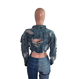 Frayed Ripped Hole Denim Bombers Jacket LX-3526