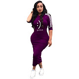 Striped Print 3/4 Sleeve Skinny Maxi T Shirt Dress YS-8855