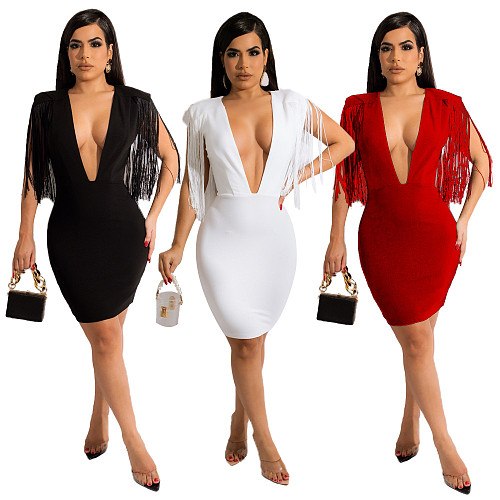 Deep V Neck Sleeveless Bodycon Tassel Dress HANI-073