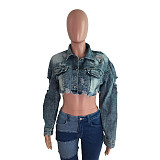 Frayed Ripped Hole Denim Bombers Jacket LX-3526