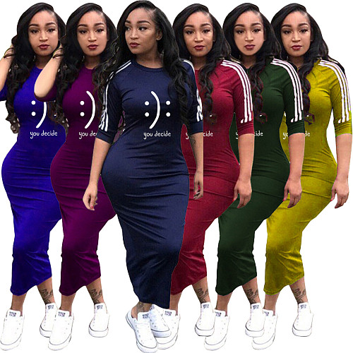 Striped Print 3/4 Sleeve Skinny Maxi T Shirt Dress YS-8855