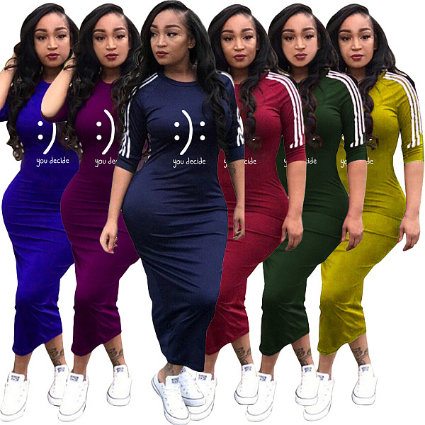 Striped Print 3/4 Sleeve Skinny Maxi T Shirt Dress YS-8855