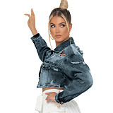 Frayed Ripped Hole Denim Bombers Jacket LX-3526