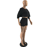 Short Sleeve O-Neck Crop Top+Biker Shorts Set FOS-8116