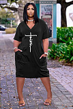 Faith Letter Print V-neck Pocket Short Sleeve Dress TK-6215