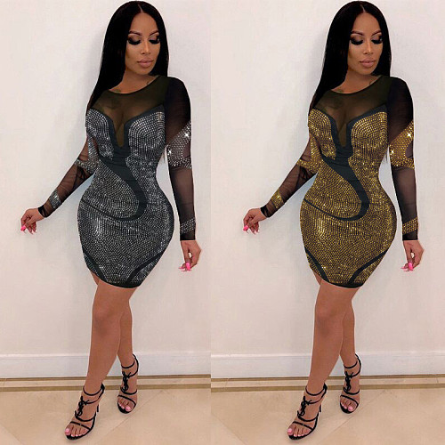 Sheer Mesh Patchwork Hot Drill Long Sleeve Dress NY-8943