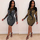 Sheer Mesh Patchwork Hot Drill Long Sleeve Dress NY-8943