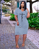 Faith Letter Print V-neck Pocket Short Sleeve Dress TK-6215