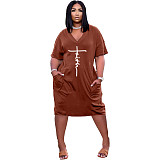 Faith Letter Print V-neck Pocket Short Sleeve Dress TK-6215