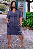 Faith Letter Print V-neck Pocket Short Sleeve Dress TK-6215