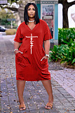 Faith Letter Print V-neck Pocket Short Sleeve Dress TK-6215