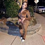 Velvet Zipper Hooded Jacket and Ruched Pants Set FE-194