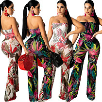 Mesh See-through Print Strapless Wide Leg Jumpsuit WY-6782