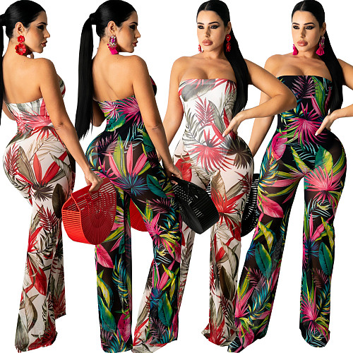Mesh See-through Print Strapless Wide Leg Jumpsuit WY-6782