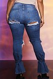Retro Solid Ripped Hole High Waist Denim Pants LX-6885