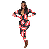 Mouth Lip Print Pajamas Long Sleeve Jumpsuit SHD-9461