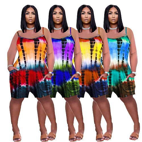 Tie Dye Gradient Spaghetti Strap With Pocket Romper NM-8360