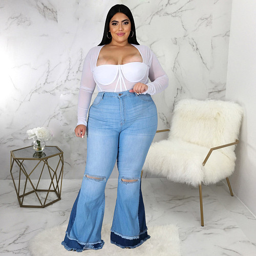 High Waist Patchwork Denim Flare Jeans Pants HSF--2368