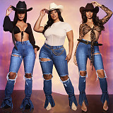 Retro Solid Ripped Hole High Waist Denim Pants LX-6885