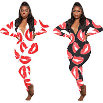Mouth Lip Print Pajamas Long Sleeve Jumpsuit SHD-9461