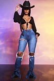 Retro Solid Ripped Hole High Waist Denim Pants LX-6885