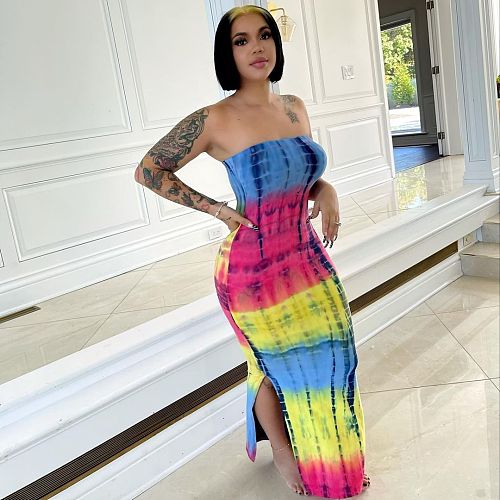 Tie Dye Skinny Strapless Maxi Dresses ZAND-31186
