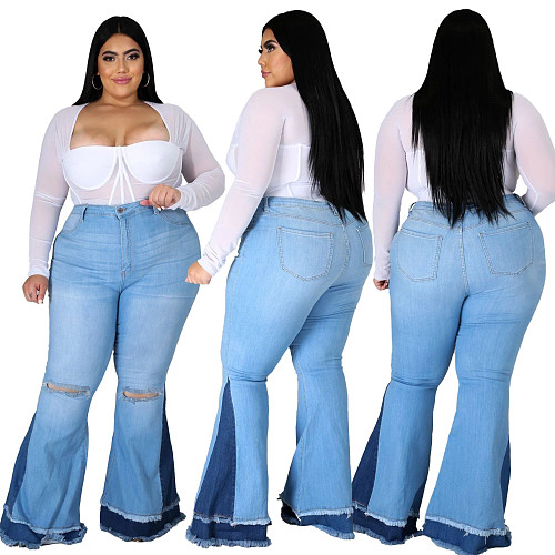 High Waist Patchwork Denim Flare Jeans Pants HSF--2368