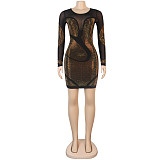 Sheer Mesh Patchwork Hot Drill Long Sleeve Dress NY-8943