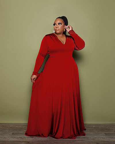 Solid V Neck Long Sleeve Loose Plus Size Dress SFY-085