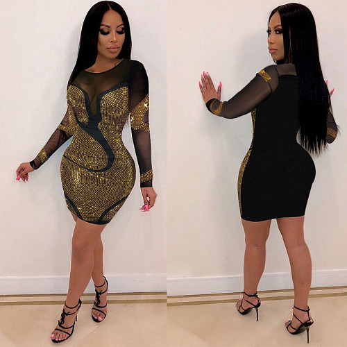 Sheer Mesh Patchwork Hot Drill Long Sleeve Dress NY-8943