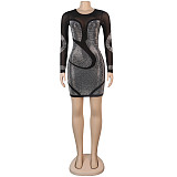 Sheer Mesh Patchwork Hot Drill Long Sleeve Dress NY-8943