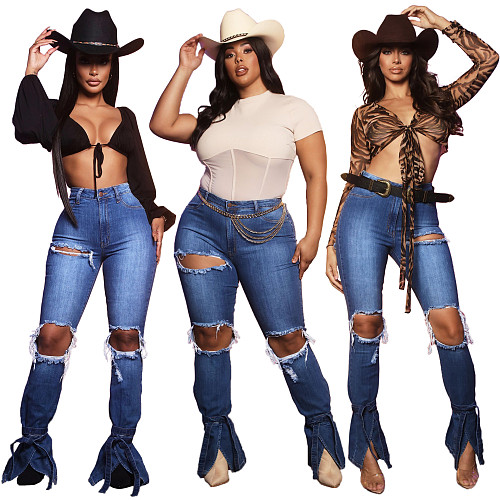 Retro Solid Ripped Hole High Waist Denim Pants LX-6885