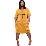 Faith Letter Print V-neck Pocket Short Sleeve Dress TK-6215