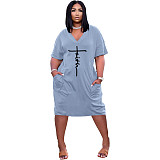 Faith Letter Print V-neck Pocket Short Sleeve Dress TK-6215