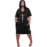 Faith Letter Print V-neck Pocket Short Sleeve Dress TK-6215