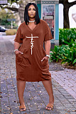 Faith Letter Print V-neck Pocket Short Sleeve Dress TK-6215