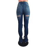 Retro Solid Ripped Hole High Waist Denim Pants LX-6885