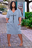 Faith Letter Print V-neck Pocket Short Sleeve Dress TK-6215