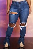 Retro Solid Ripped Hole High Waist Denim Pants LX-6885