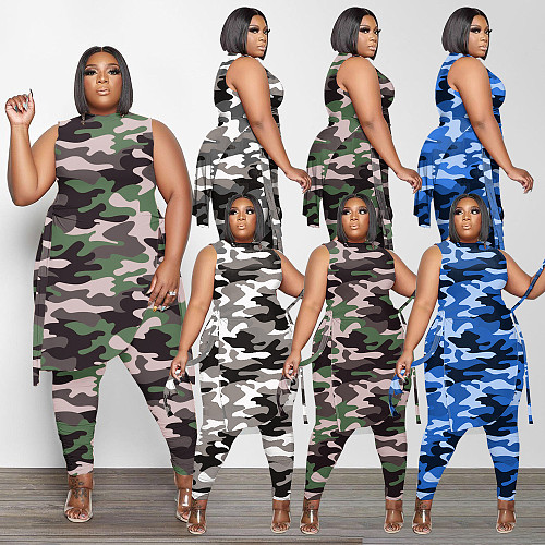 Camouflage Plus Size Bandage Crop Tops Pants Sets PINH-13267