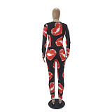 Mouth Lip Print Pajamas Long Sleeve Jumpsuit SHD-9461