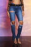 Retro Solid Ripped Hole High Waist Denim Pants LX-6885