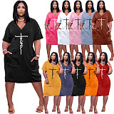 Faith Letter Print V-neck Pocket Short Sleeve Dress TK-6215