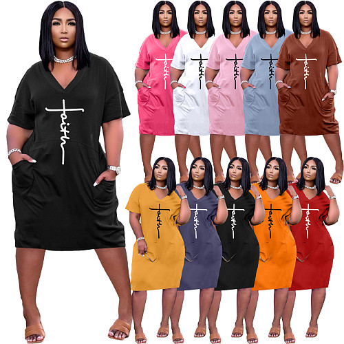 Faith Letter Print V-neck Pocket Short Sleeve Dress TK-6215