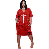 Faith Letter Print V-neck Pocket Short Sleeve Dress TK-6215