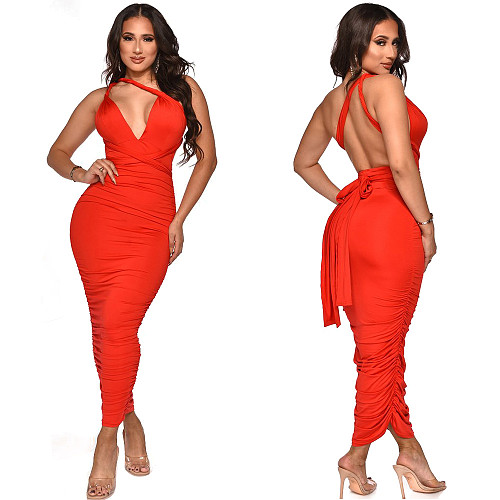 Halter Lace Up Backless Ruched Party Dresses YF-10056